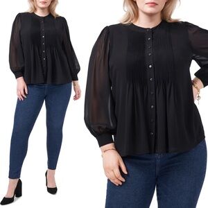 NEW Nordstrom 1.State Pintuck Yoke Button Front Blouse Black Size 3X Pleated Top